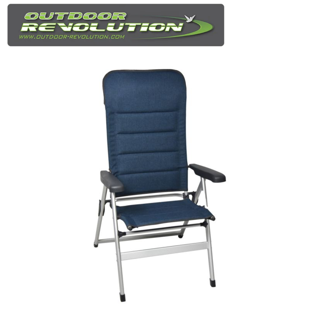Blue Outdoor Revolution San Remo highback reclining chair made of durable 600D polyester, set against an outdoor backdrop.