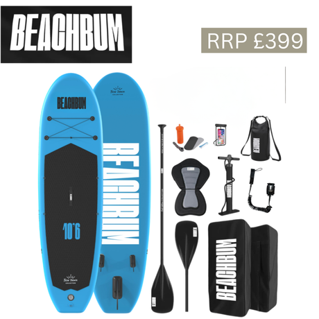 BeachBum paddle board bundle with a blue paddle board and accessories, perfect for water recreation and beach fun.