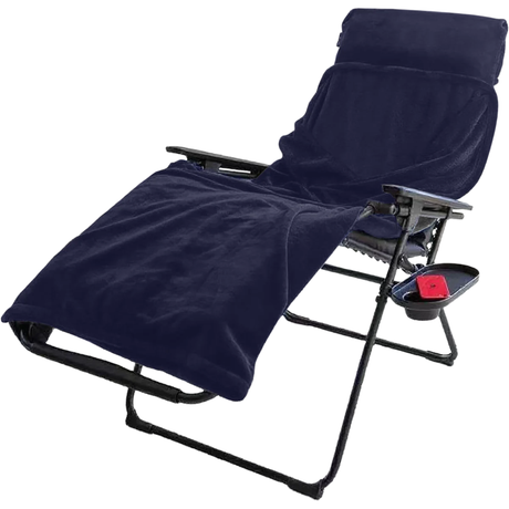 Blue Quest Leisure 3-in-1 fleece chair blanket draped over a chair, showcasing soft, cozy fabric ideal for warmth and comfort.