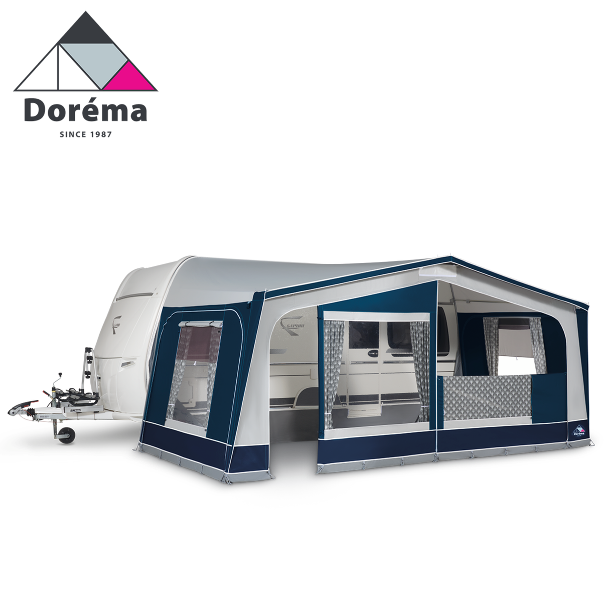 Dorema Monza XL 270 Full Caravan Awning in blue, showcasing its spacious design and durable materials.