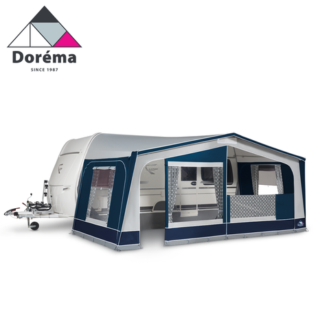 Dorema Monza XL 270 Full Caravan Awning in blue, showcasing its spacious design and durable materials.