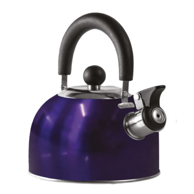 Blue 1.6 Litre gas hob kettle with folding handle from P.L.S, showing the kettle's compact design and handle in a kitchen setting.