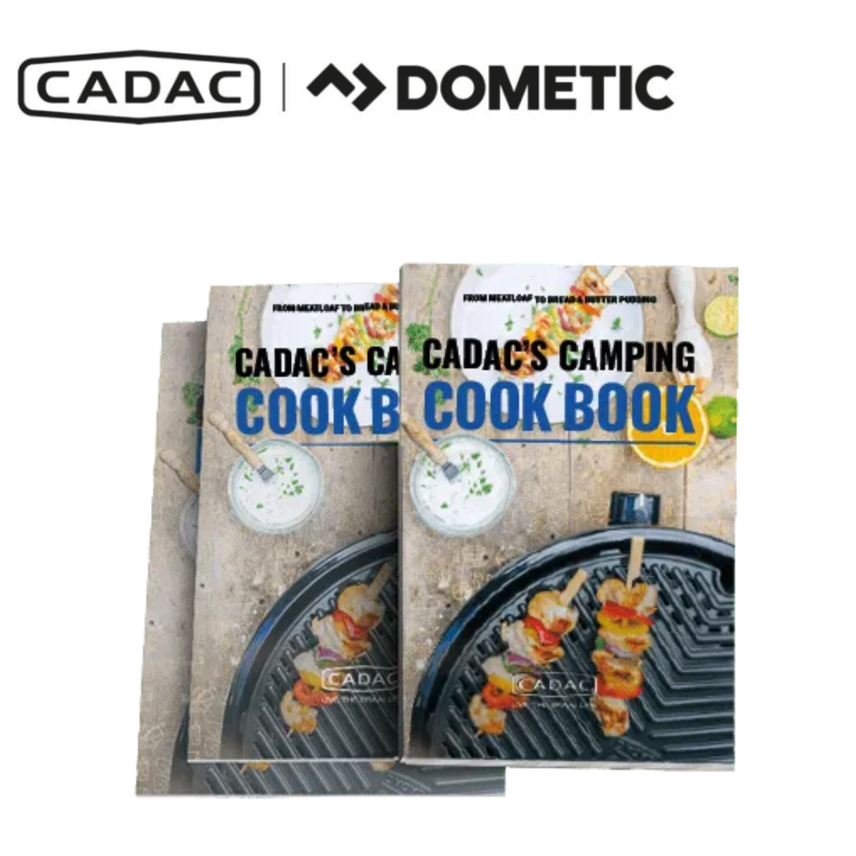 Cadac Dometic Cook Book featuring recipes and cooking tips, shown as a colorful, open cookbook with food images and text pages.