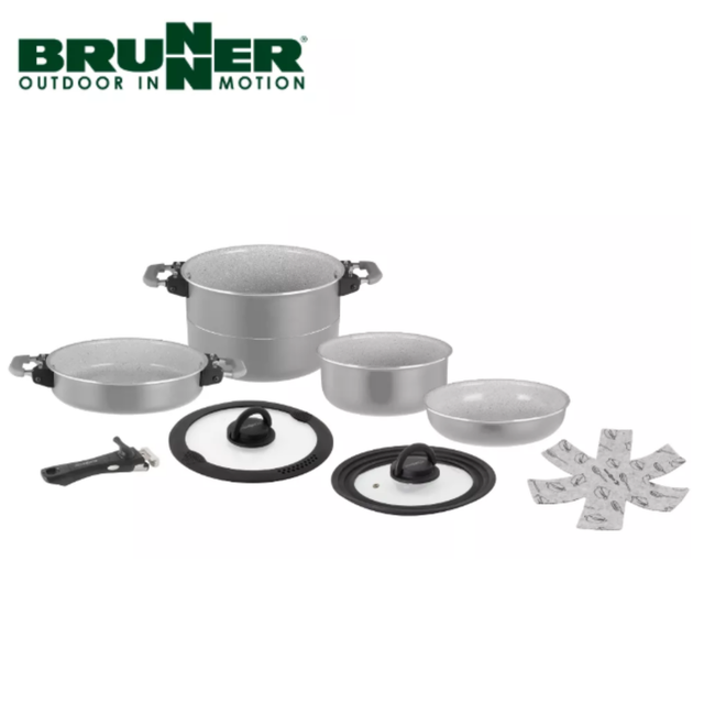 Brunner Fusion 7 + 1 Alu cookware set featuring 22cm saucepans and pots for versatile kitchen use.
