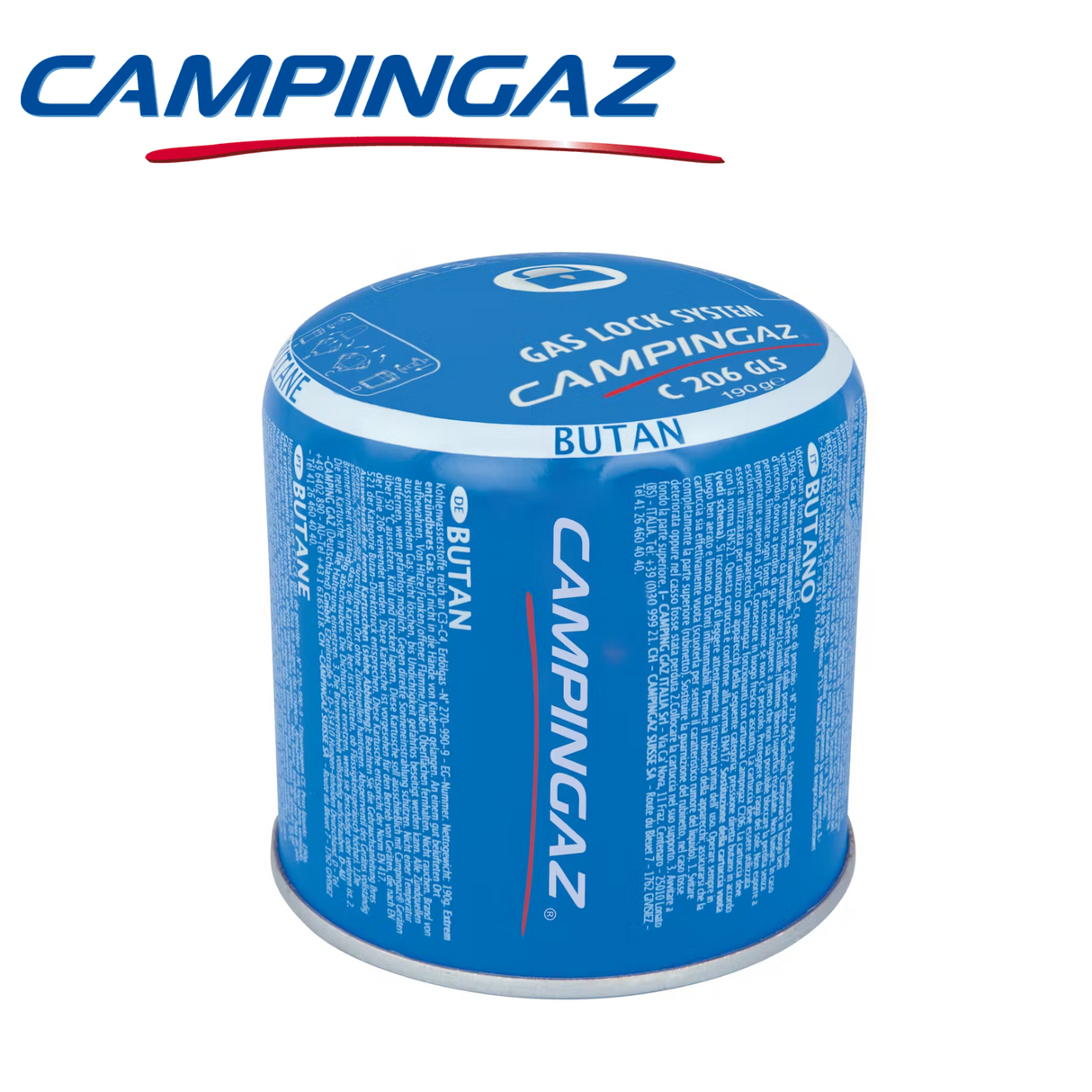 Campingaz C206 GLS gas cartridge with a sturdy design, ideal for camping and outdoor cooking applications.