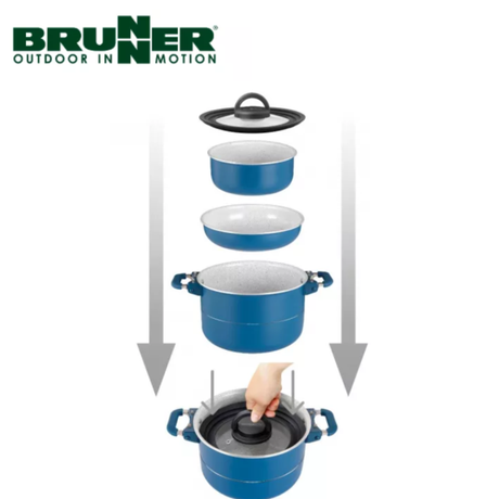 Brunner Carezza 7+1 magnetic aluminum saucepan set with 20cm saucepans and lids displayed on a kitchen countertop.