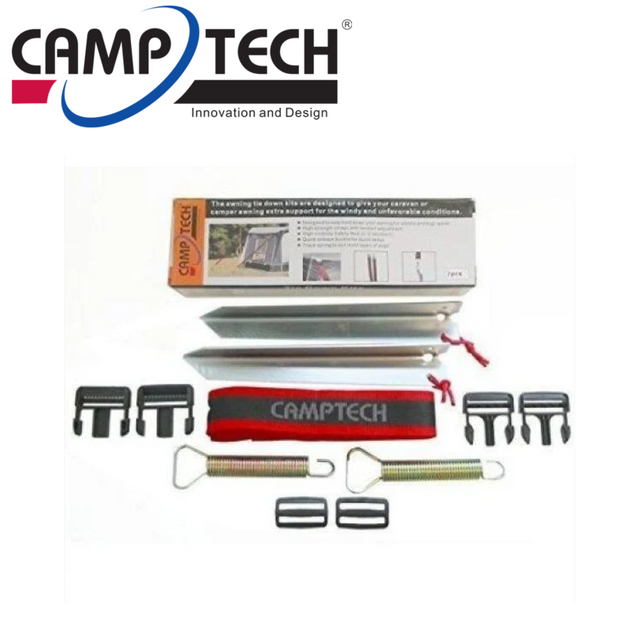 CampTech Full Awning Storm Straps attached to a camping awning, securing the tent against strong winds.