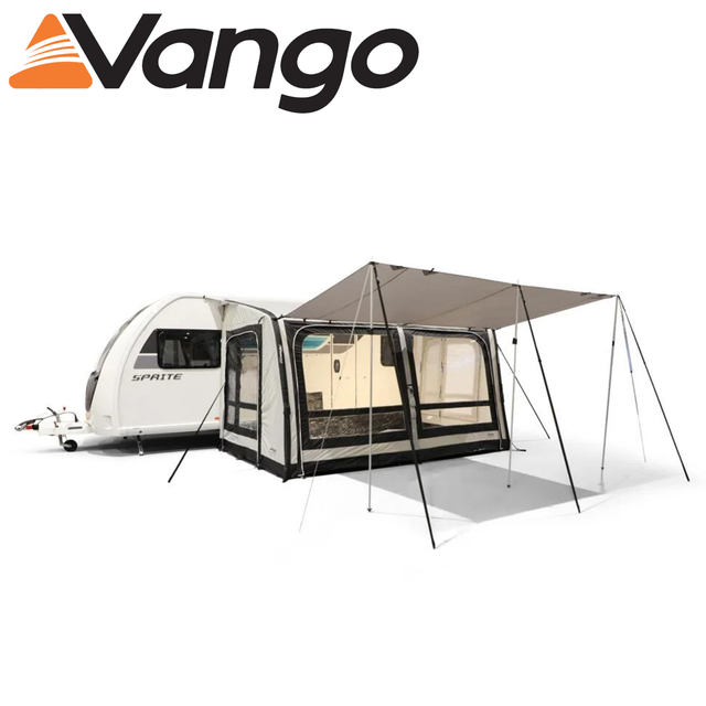 Vango front awning canopy attached to a tent, providing additional shaded outdoor space with durable fabric and support poles.