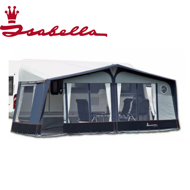 Isabella Capri Coast full awning with carbon X frame, showcasing a spacious design and durable materials in outdoor setting.