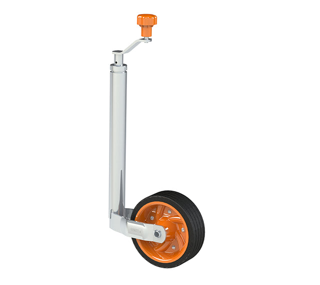 Kartt Jockey Wheel with superwheel for caravan, sturdy metal construction, easy to maneuver and attach for caravan stabilization.