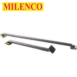Milenco cargo bars in two lengths, 20-36 inches or 35-66 inches, shown mounted on a vehicle for secure load transport.