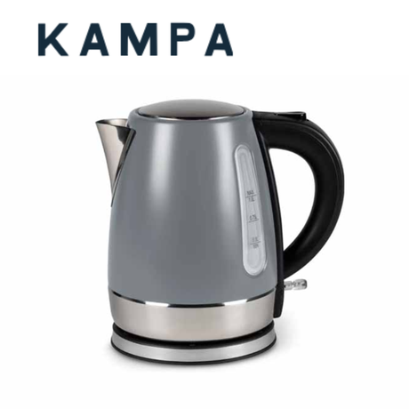 Kampa Cascade 1L electric kettle with a clear glass body, stainless steel lid, and handle, designed for boiling water efficiently.