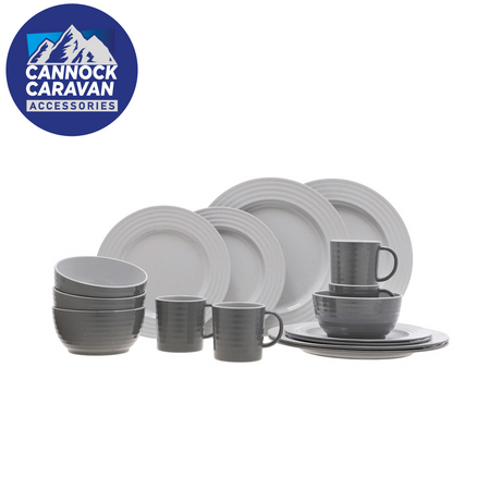 Grey Melamine Travellife Rota Tableware Set featuring 16 pieces arranged on a table.
