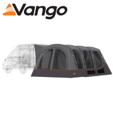 Vango Galli CC Mid Driveaway Awning set up beside a campervan, showcasing its spacious design and durable fabric.