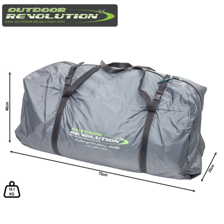 Outdoor Revolution Cayman Air High Driveaway awning attached to a camper van, showcasing its spacious fabric extension and airframe structure.