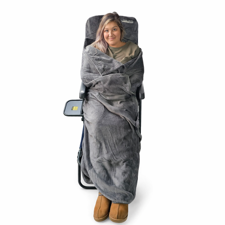 Gray or blue Quest Leisure 3-in-1 fleece chair blanket draped over a chair, offering warmth and comfort.