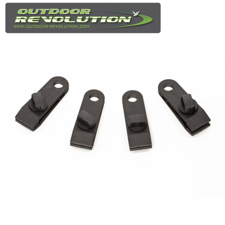 Set of 4 Outdoor Revolution Deluxe Tent Carpet Clamps for securing tent carpets in outdoor settings.