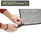 Set of 4 Outdoor Revolution Deluxe Tent Carpet Clamps securing tent carpet for stable outdoor use.