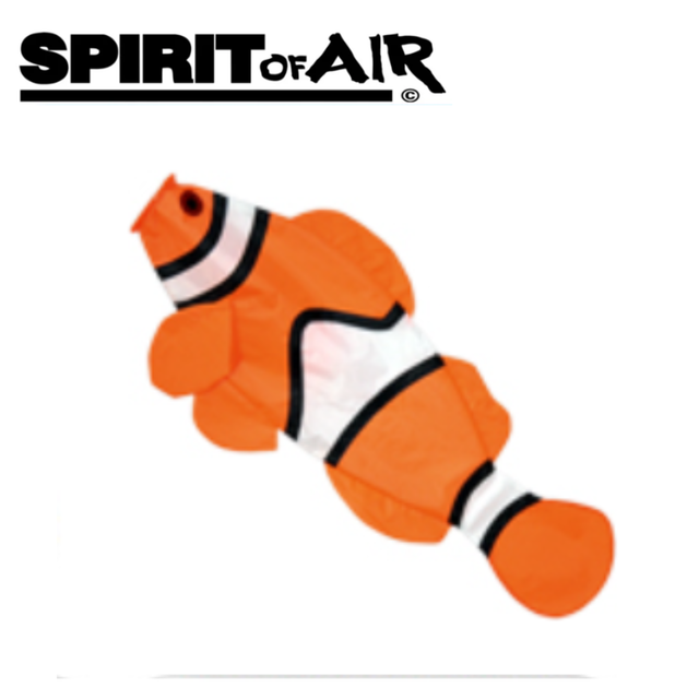 Colorful clownfish windsock from Spirit of Air featuring vibrant orange and white stripes, perfect for outdoor decoration.