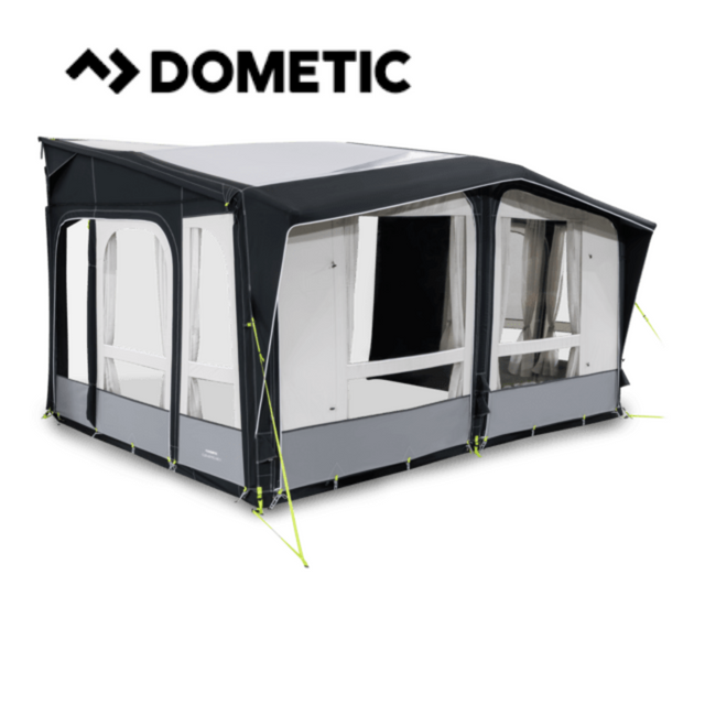 Dometic Club Air Pro 440 Air Awning set up outside a camper, showcasing its spacious design and durable fabric.