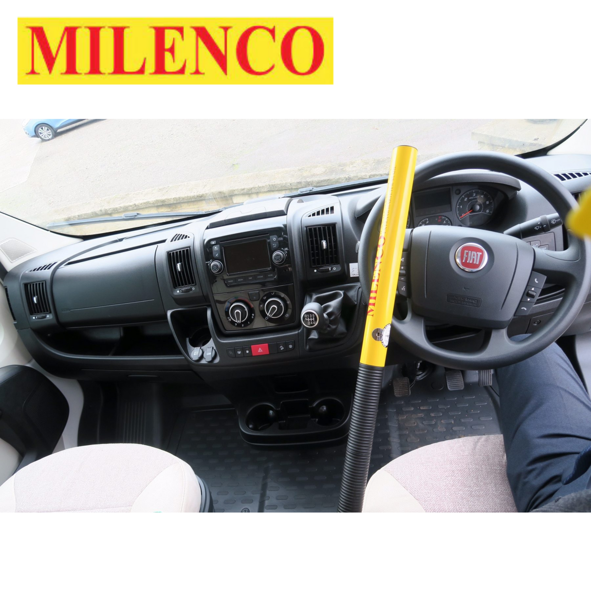Milenco Commercial High Security Steering Wheel Lock with sturdy metal design and bright yellow color for enhanced visibility.