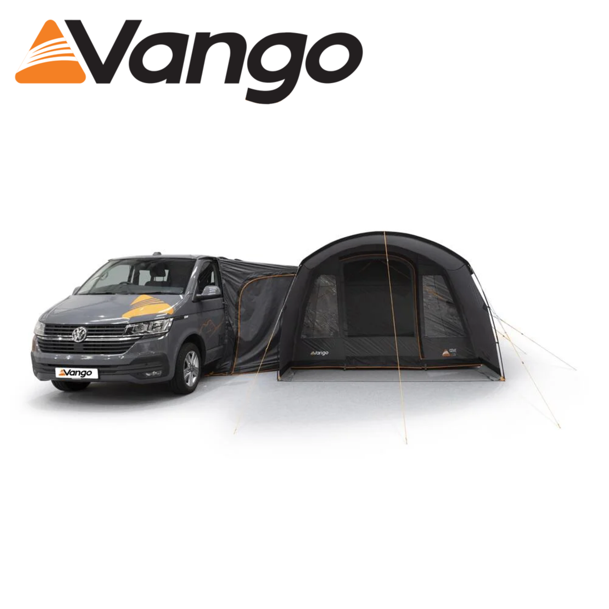 Vango Cove III Low Poled Driveaway Awning set up beside a campervan, showcasing its spacious design and durable fabric.