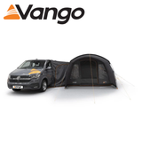 Vango Cove III Low Poled Driveaway Awning set up beside a campervan, showcasing its spacious design and durable fabric.