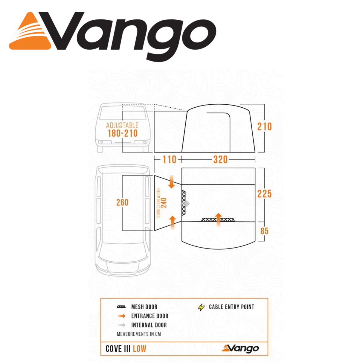 Vango Cove III Low Poled Driveaway Awning with spacious design and large windows set up beside a campervan.