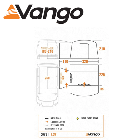 Vango Cove III Low Poled Driveaway Awning with spacious design and large windows set up beside a campervan.