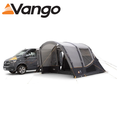 Vango Cove III Air Low Driveaway Awning set up beside a campervan, showcasing its spacious design and air beam structure.