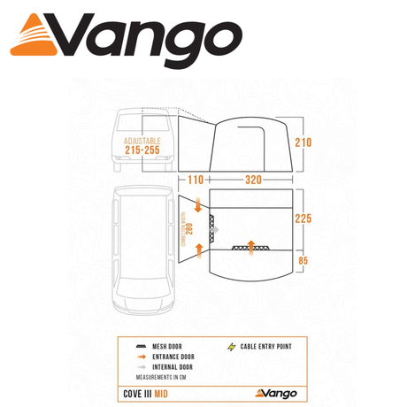 Vango Cove III Mid Poled Driveaway Awning set up next to a campervan, showcasing its spacious design and durable materials.