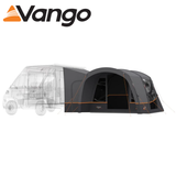 Vango Cove III Air Mid Driveaway Awning set up beside a camper, showcasing its spacious design and weather-resistant fabric.