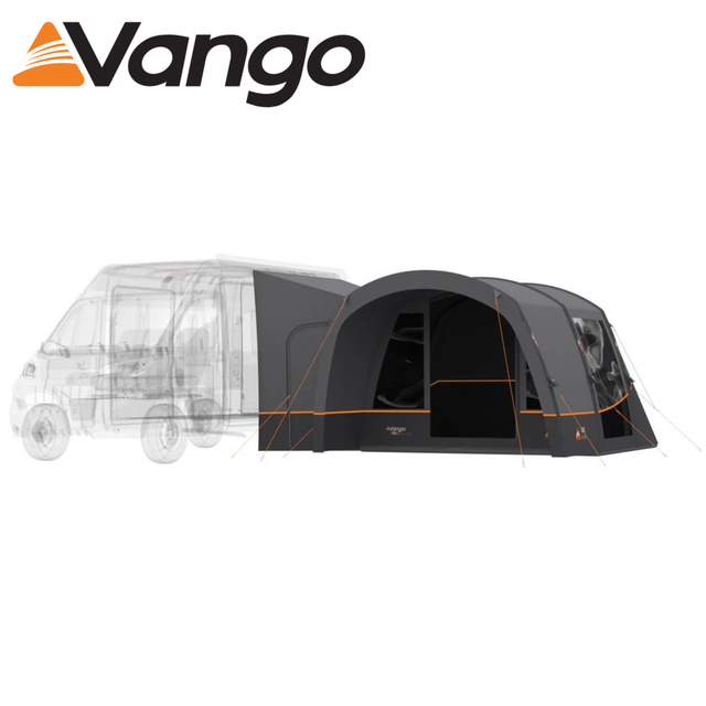 Vango Cove III Air Mid Driveaway Awning set up beside a camper, showcasing its spacious design and weather-resistant fabric.
