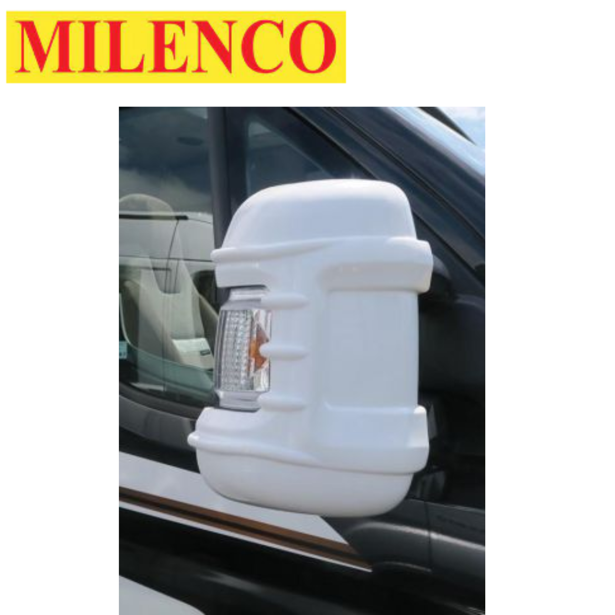 Milenco long arm mirror protector bumpers for Fiat Ducato, Peugeot Boxer, and Citroën Relay in black or white, designed to shield side mirrors.