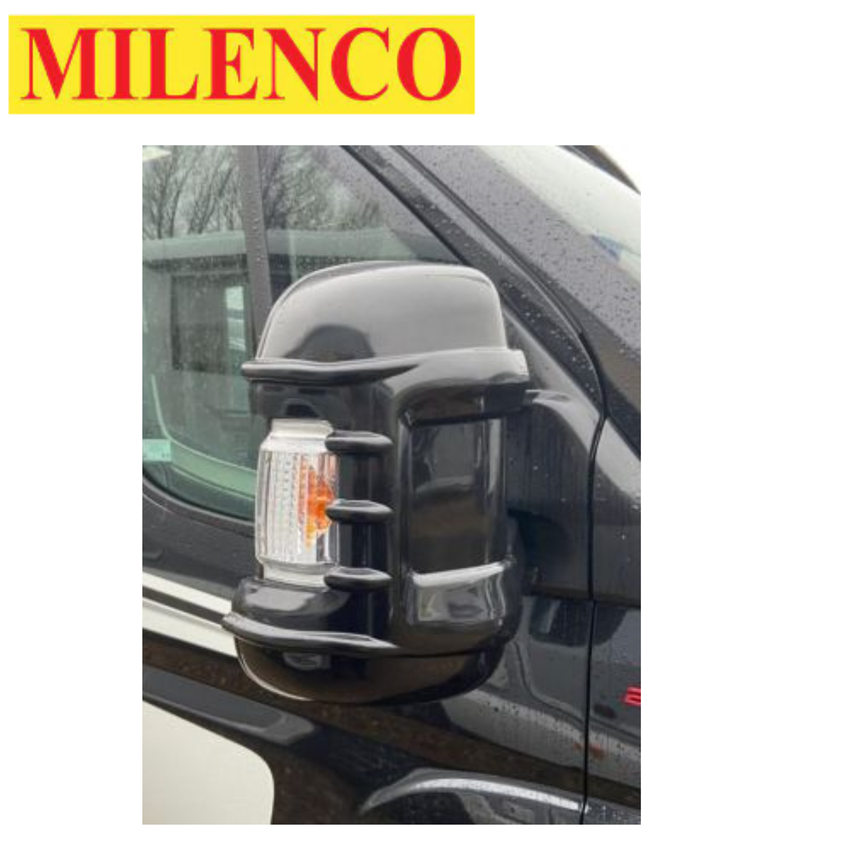 Black or white Milenco long arm mirror protector bumpers for Ducato, Boxer, and Relay van mirrors, providing protection and durability.