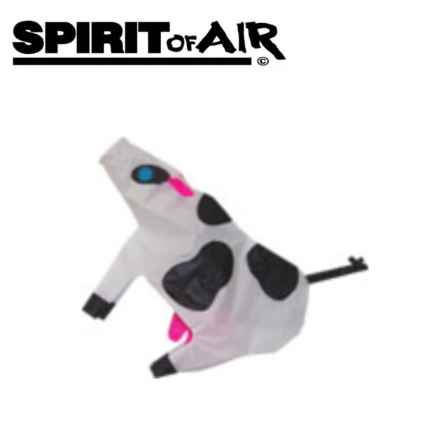 Colorful cow-shaped windsock from Spirit of Air, featuring bright patterns and flowing fabric, ideal for outdoor decoration