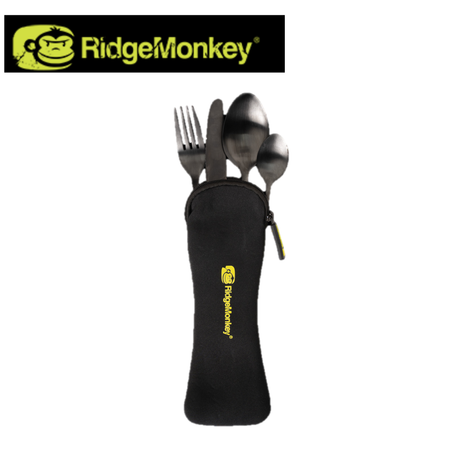 RidgeMonkey DLX Cutlery Set with stainless steel forks, knives, and spoons on a white background.