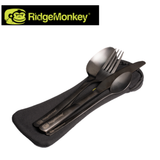 RidgeMonkey DLX cutlery set with stainless steel forks, knives, and spoons arranged on a white background.