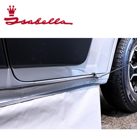Isabella Draught Skirt for CamperVan showing a weather-resistant fabric installation around a vehicle's base