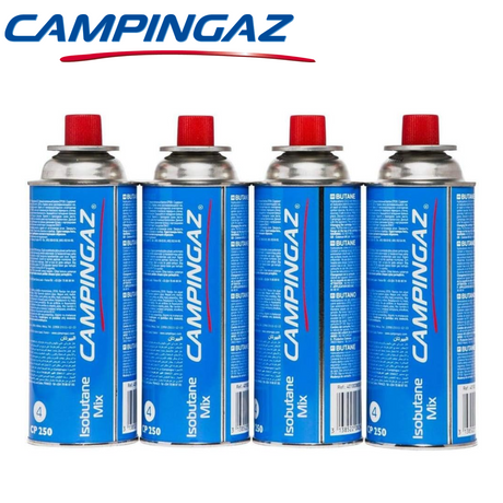 Campingaz® CP250 pack of 4 canisters displayed with a focus on their compact design and safety features.
