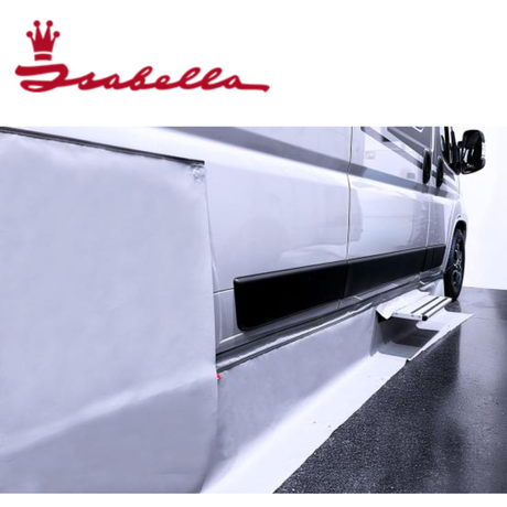 Isabella CamperVan Draught Skirt installed on a camper van to prevent drafts and improve insulation.