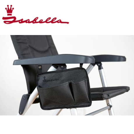 Isabella chair side pocket in dark grey fabric hanging on a chair for convenient storage