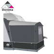 Dorema Daytona Air Annexe attached to a caravan, showcasing its spacious fabric extension with mesh windows and entrance.