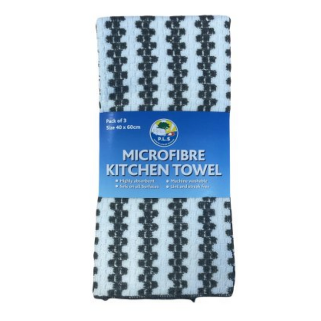 Gray P.L.S microfibre kitchen cloth measuring 40cm by 60cm, soft and absorbent for cleaning and drying surfaces.