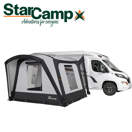 Dorema StarCamp Discovery Air Tall driveaway awning set up beside a camper, showcasing its spacious design and sturdy structure.