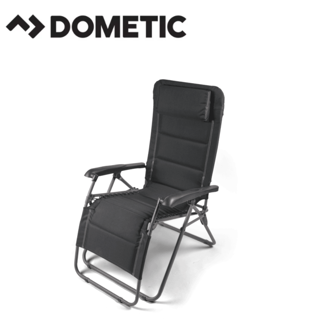 Dometic Serene Firenze reclining chair with plush cushioning and wooden armrests, designed for comfortable relaxation.