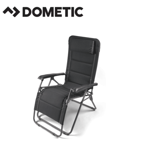 Dometic Serene Firenze reclining chair with plush cushioning and wooden armrests, designed for comfortable relaxation.