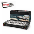 Streetwize double burner gas stove with two metal burners and control knobs on a black surface.