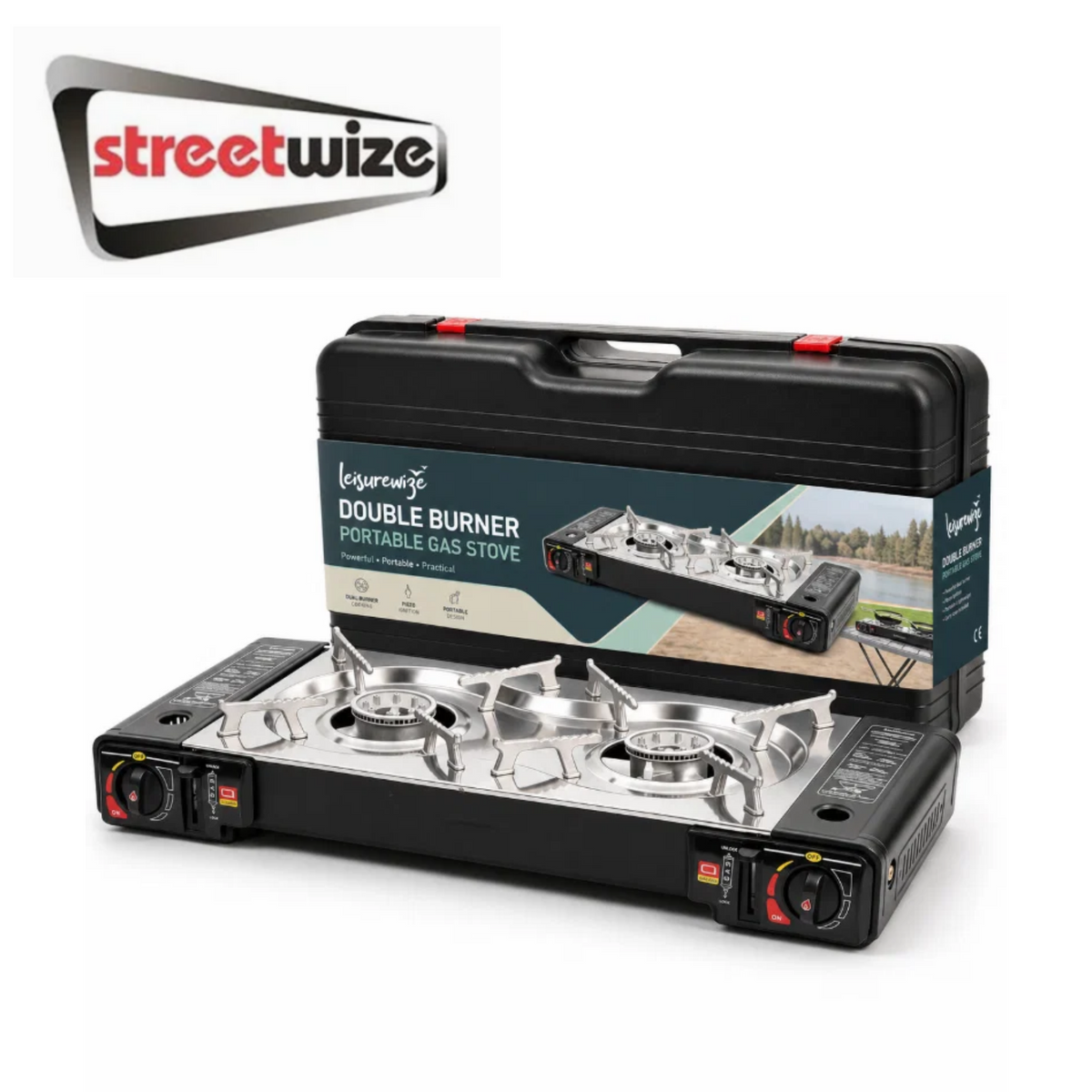 Streetwize double burner gas stove with two metal burners and control knobs on a black surface.