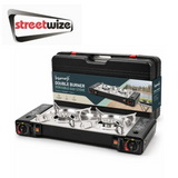 Streetwize double burner gas stove with two metal burners and control knobs on a black surface.